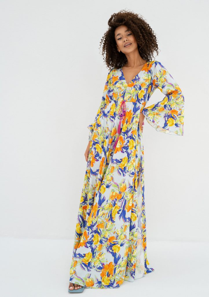 Aliyah - Letnia sukienka maxi z wiskozy w kwiaty Błękitna