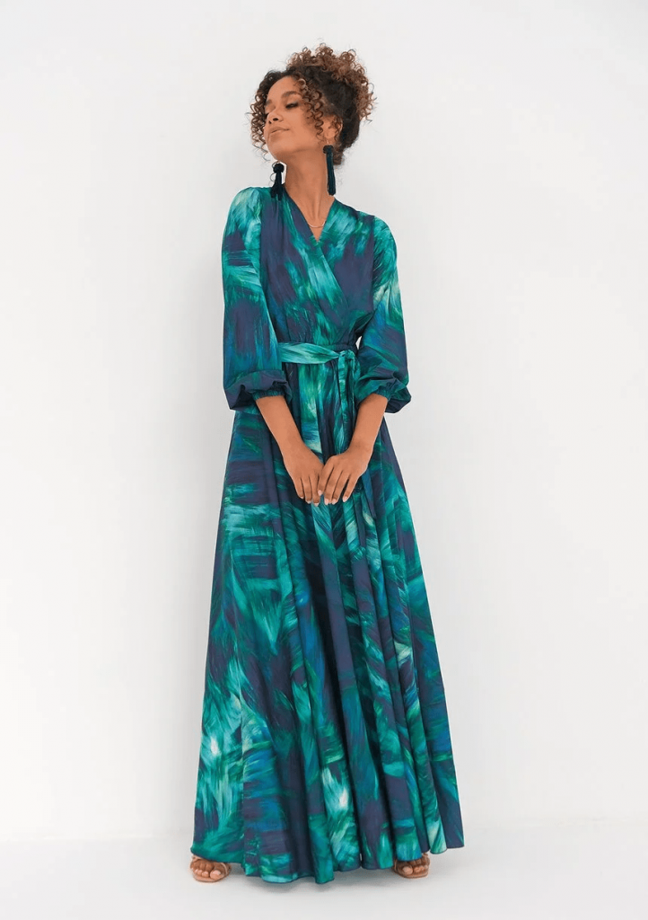 Nina - Kopertowa sukienka maxi Teal Waves