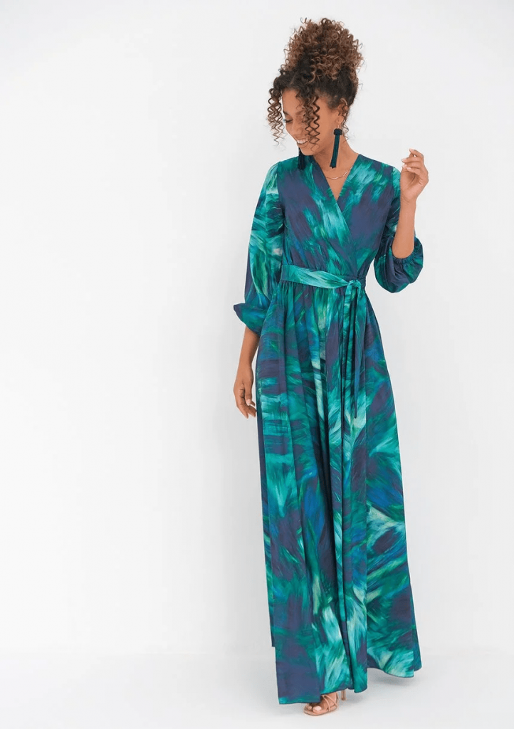 Nina - Kopertowa sukienka maxi Teal Waves